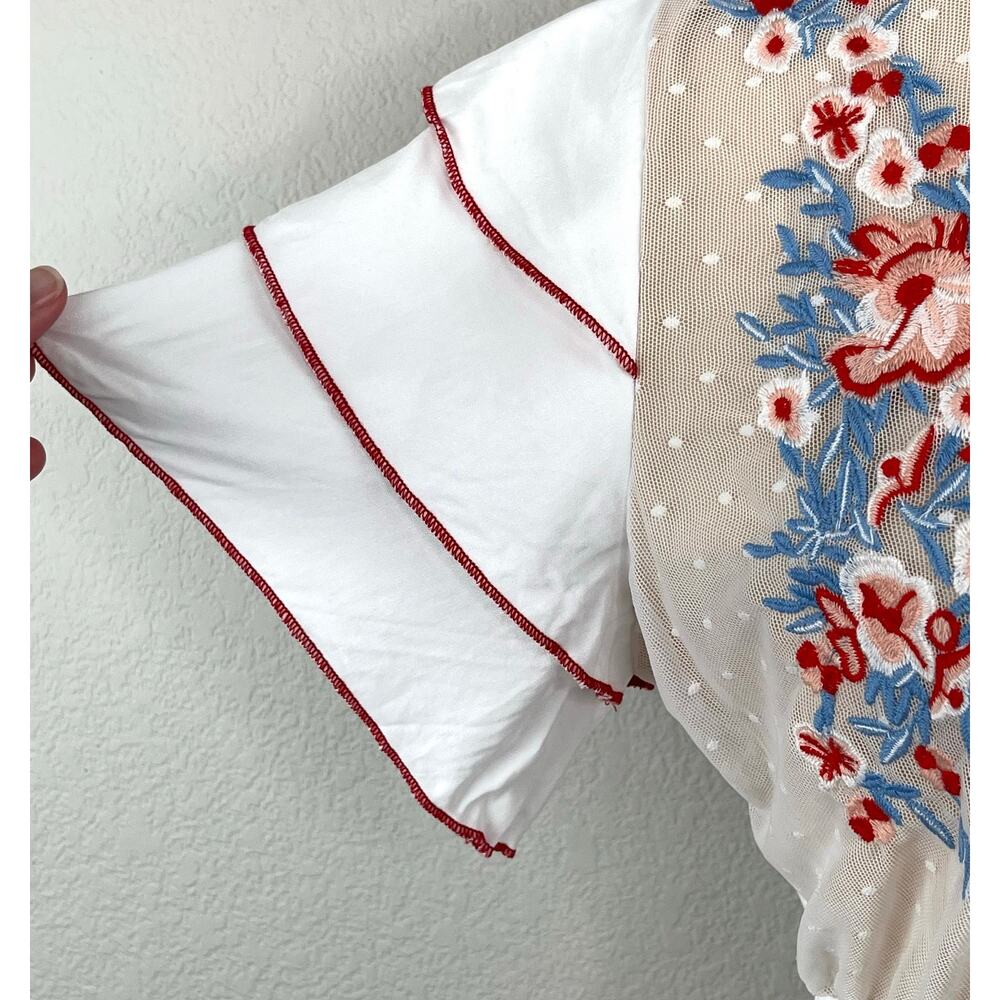 White Lace Floral Embroidered Plunge Ruffle Sleeve Boho Cottage Maxi Dress S New - Picture 8 of 16